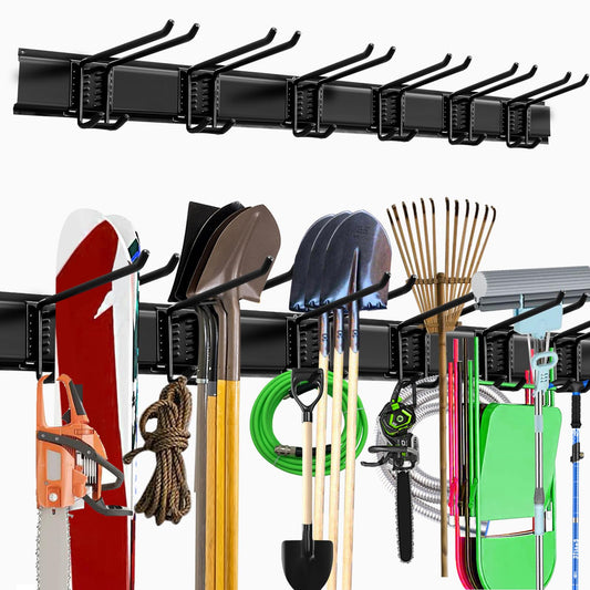 NOEAIKE Garage Storage Rack Hooks, 48 Inch Heavy Duty Wall Mount Garage Organization with 3 Rails and 6 Adjustable Double Wall Hooks,Hanging Shelves for Garden Tool/Broom/Mop(Black)