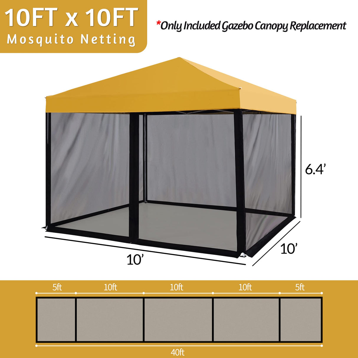 WenHaus 10'x10' Mosquito Netting for Patio with Zipper, Outdoor Replacement Mesh Sidewall Netting for Porch/Patio/Canopy/Gazebo (Mosquito Netting Only, Black) WenHaus