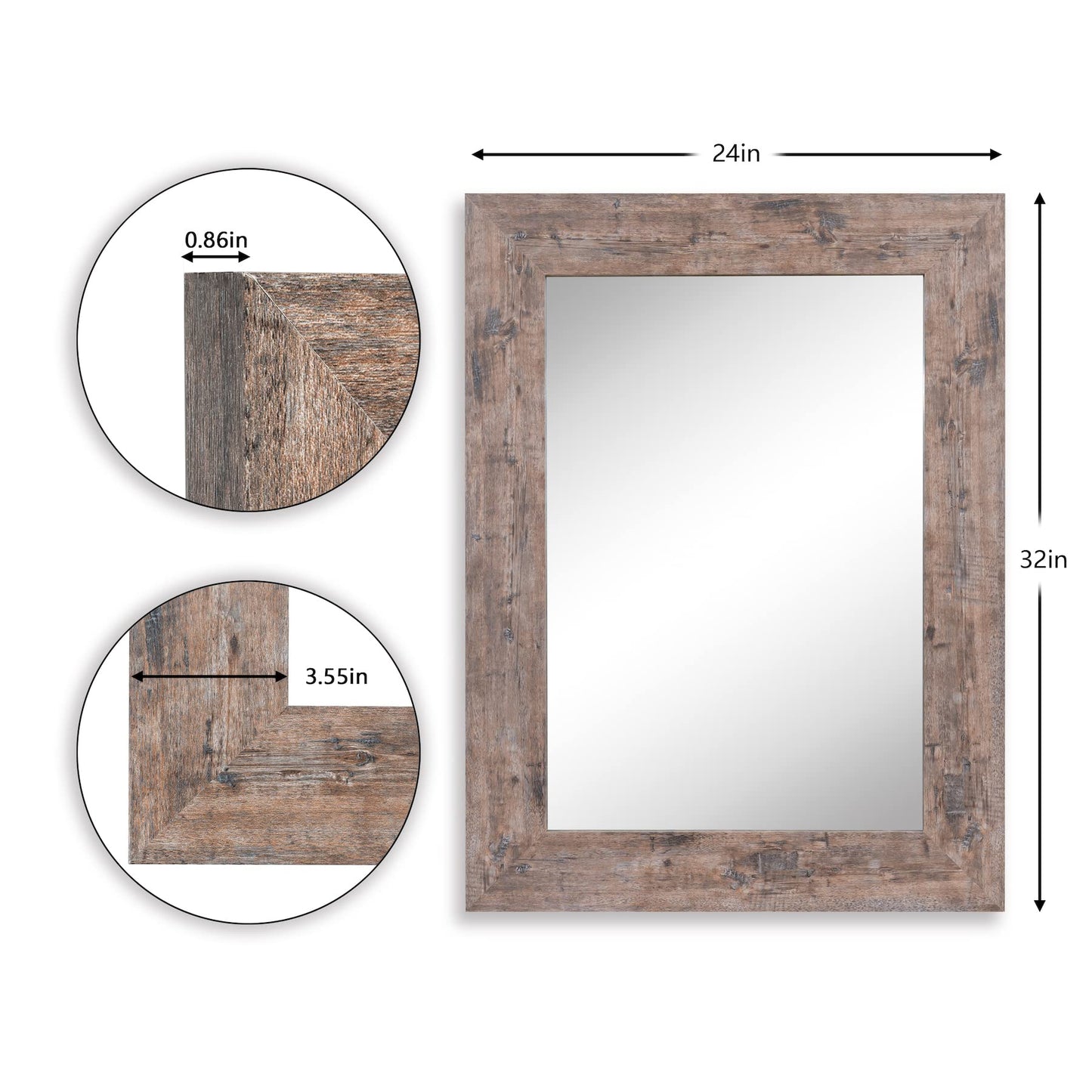 Wood Mirror with Frame Rustic 24X32 Inch Wall Mounted Rustic Vanity Mirror with Large Wood Frame Decorative Farmhouse Bathroom Mirror, for Bedroom,Living Room,Entryway Wall Decor(Horizontal/Vertical)