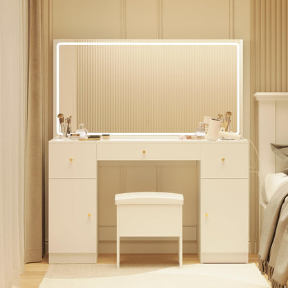 ClouDDwell Makeup Vanity Desk with Large Mirror and LED Lights, 3 Lighting Modes and Power Outlet. Makeup Vanity with 3 drawers,2 Cabinets and chair,Stool with storage,for bedroom, white.