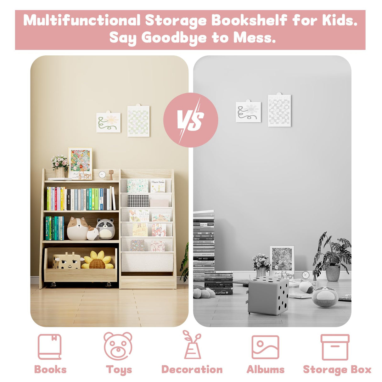 COZPAW Kids Bookshelf and Toy Storage, 4 Tier Toddler Bookshelf with Movable Drawer 5 Sling Pockets, Montessori Book Shelf for Kids Room, Playroom, Nursery (Oak) COZPAW