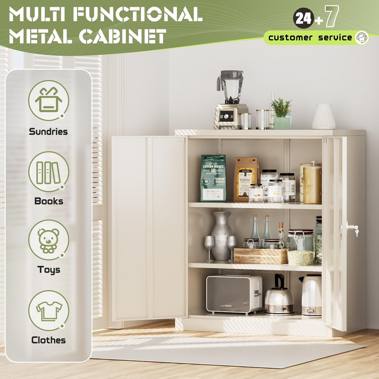 SUNCROWN Metal Storage Cabinets, 42”Locking Cabinet with Doors and Adjustable Shelves, Steel Utility Tool Garage Cabinets for Home, Office, Kitchen, Warehouse,Warm Grey SUNCROWN