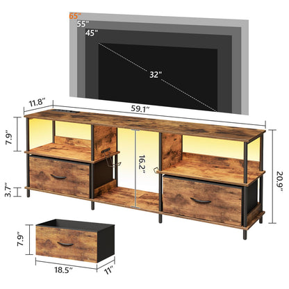 MAHANCRIS LED TV Stand with Charging Station and 2 Fabric Drawers, Entertainment Center for TVs up to 65", TV Console Table with Open Storage Shelf, for Living Room, Rustic Brown TVHR135E01