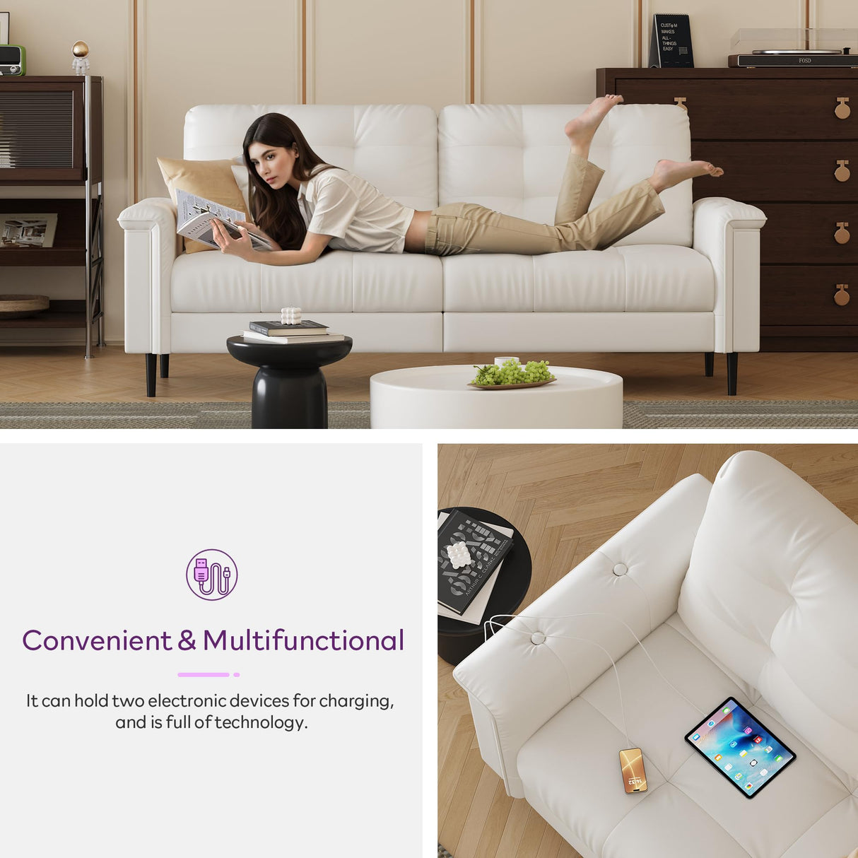 TYBOATLE 85" W White Faux Leather Sofa Couches for Living Room, Mid-Century Modern Tufted Comfy Small Loveseat w/USB and Wide Arms, 2/3 Seater Office Couch for Small Space Apartment Bedroom Furniture TYBOATLE