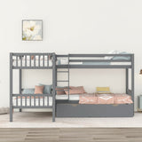 L-Shaped Bunk Bed with Drawers, Bunk Bed for 4 Twin Over Twin for Boys Girls Kids Teen Wood Quad Bunk Beds Frame, Gray Bellemave