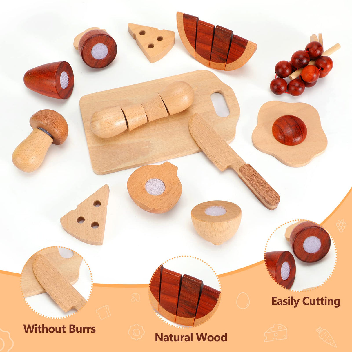 WHOHOLL Wooden Play Food, Toddler Cutting Play Food Sets for Kids Kitchen, Velcro Fake Food Fruit Toys for Pretend Play Kitchen, Montessori Toy Kitchen Accessories for Girls Boys Gifts WHOHOLL