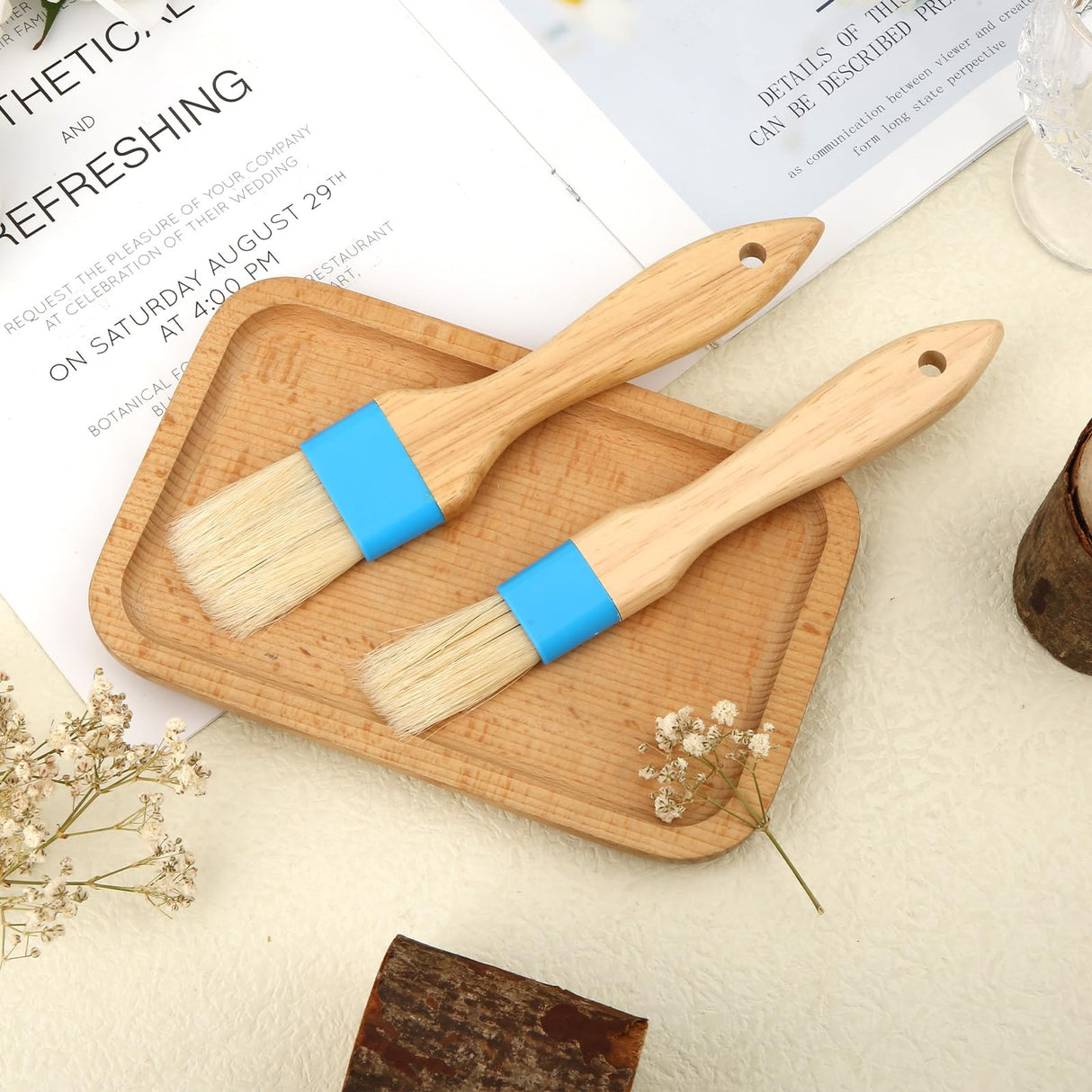 2pcs Pastry Basting Brushes, Oil Brushes Boar Bristle Brushes BBQ Brushes for Sauce Baking Brush BBQ Basting Brush Kitchen Brush for Spreading Butter Cooking Grilling (Small + Medium) LUTER