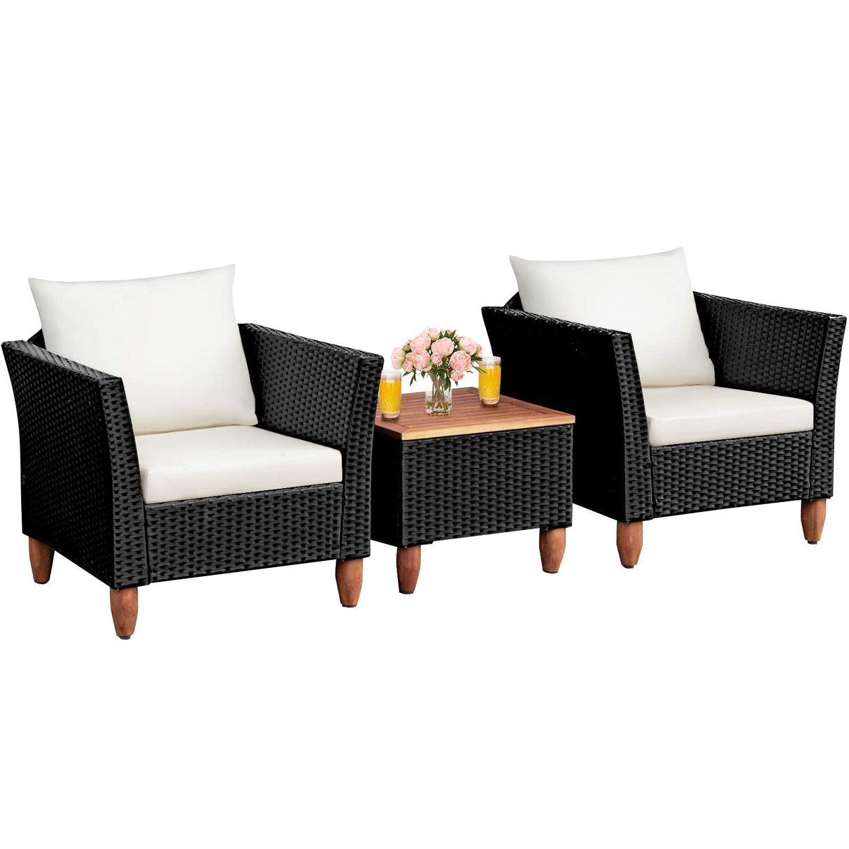 Tangkula 3 Piece Patio Furniture Set, Patiojoy Outdoor Wicker Rattan Bistro Sofa Set w/Washable Cushion, Acacia Wood Top Coffee Table, Conversation Set for Balcony Backyard Porch (White) Tangkula