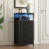 Fixwal Night Stand with Charging Station, LED Dresser for Bedroom Tall Nightstand with USB Ports and Outlets, 4 Fabric Storage Drawers with PU Finish, Bed Side Table, Black Fixwal