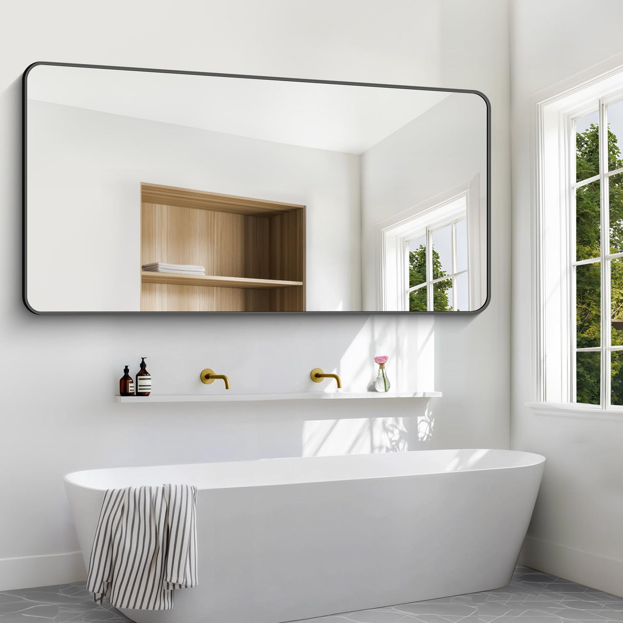 BONEWEI 72x36 inch Large Bathroom Mirror,Black Rectangle Mirror,Wall Mounted Bathroom Frame Vanity Mirror with Round Corner for Bedroom Living Room,Entryway Hangs Horizontal or Vertical BONEWEI