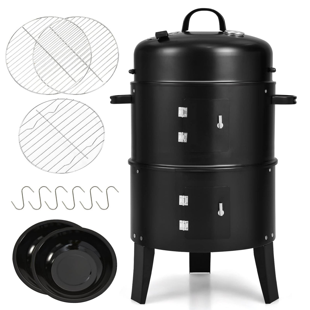 Giantex 3-in-1 Outdoor Smoker Grill, Portable Charcoal BBQ Grill with Smoker Combo, Built-in Thermometer and Air Vent, 6 Hooks, 2 Layers Vertical Steel Charcoal Smoker for Outdoor Cooking Camping Giantex