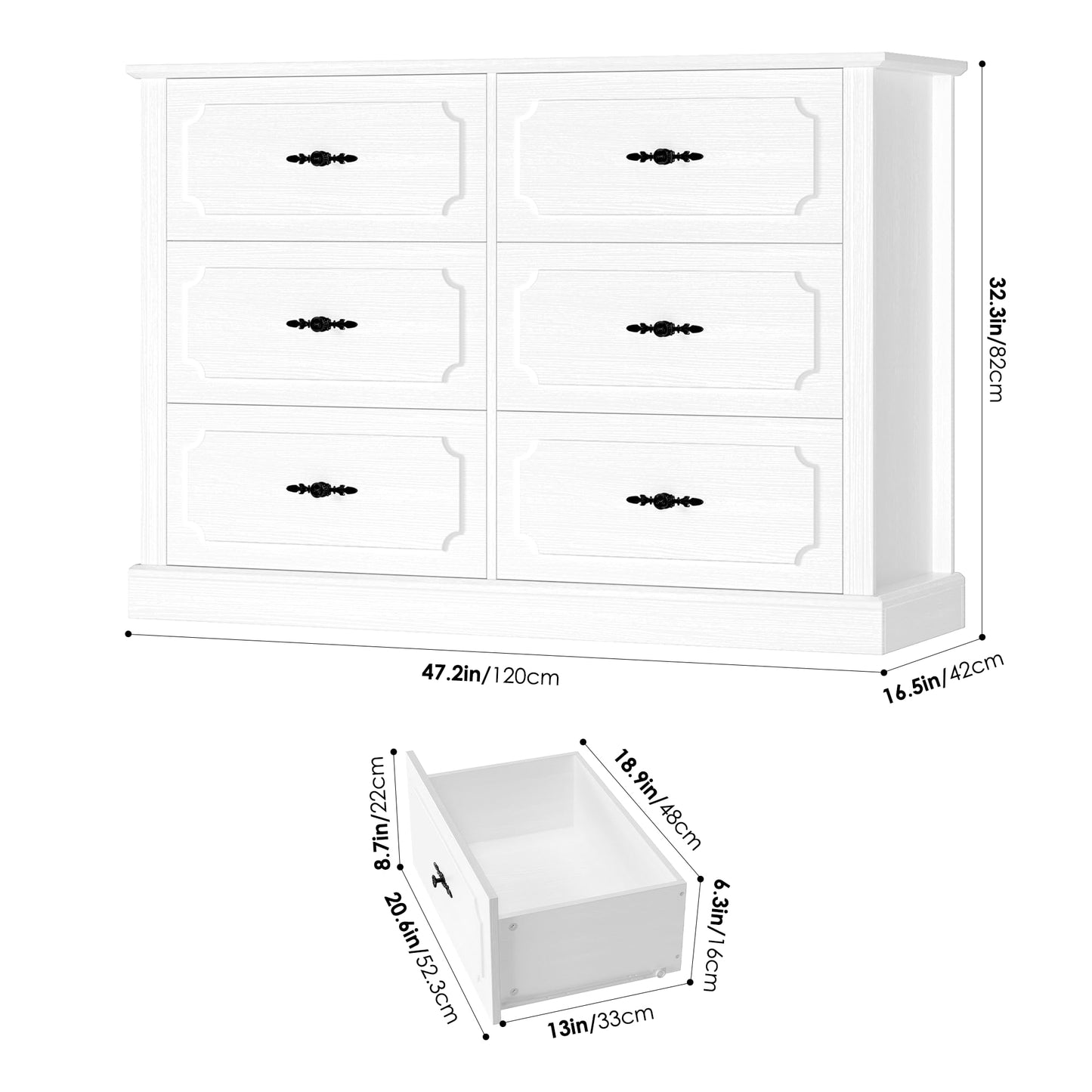 finetones White Dresser 6 Drawer, 47.2'' White Dresser Chest of Drawers, Farmhouse Wide Dresser White Chest of Drawers with Designed Drawer Surfaces, 6 Drawer Dresser Storage Organizer - WoodArtSupply