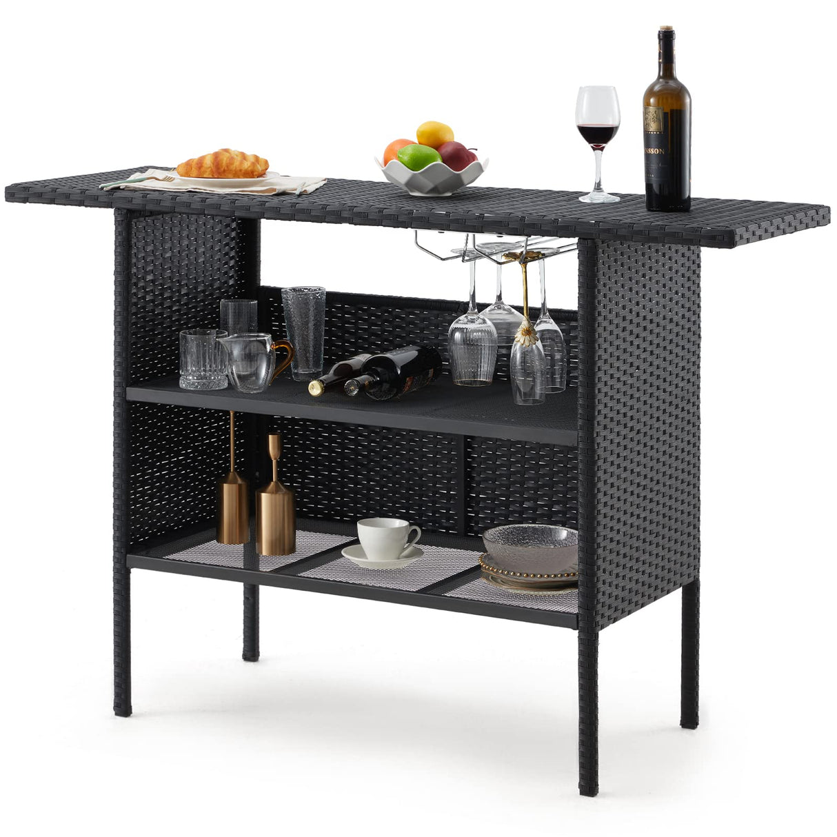 ECOTOUGE Outdoor Patio Wicker Bar Counter Table, Rattan Storage Furniture with Steel Shelves & Hanging Wine Glasses, 54.7"x18.1"x36.8" (L x W x H) Ideal for Garden, Backyard and Pool Side, Black ECOTOUGE