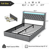 SADENICEL Full Size Bed Frame with Storage Headboard and 2 Drawer, Metal Full Bed Frame Platform with LED Light, Charging Station, No Box Spring Needed, Noise Free, Easy Assembly, Grey SADENICEL