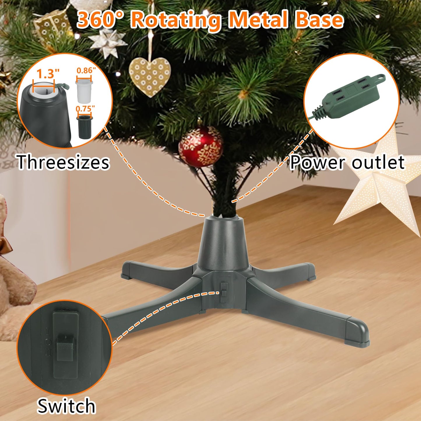 Rotating Christmas Tree Stand, Christmas Tree Stand Electric 26" 360 Degree, Rotating Tree Stand Tree Holder with 3 Pole Adapters Up to 7.5ft and 80 Pounds for Artificial Christmas Tree (Green)