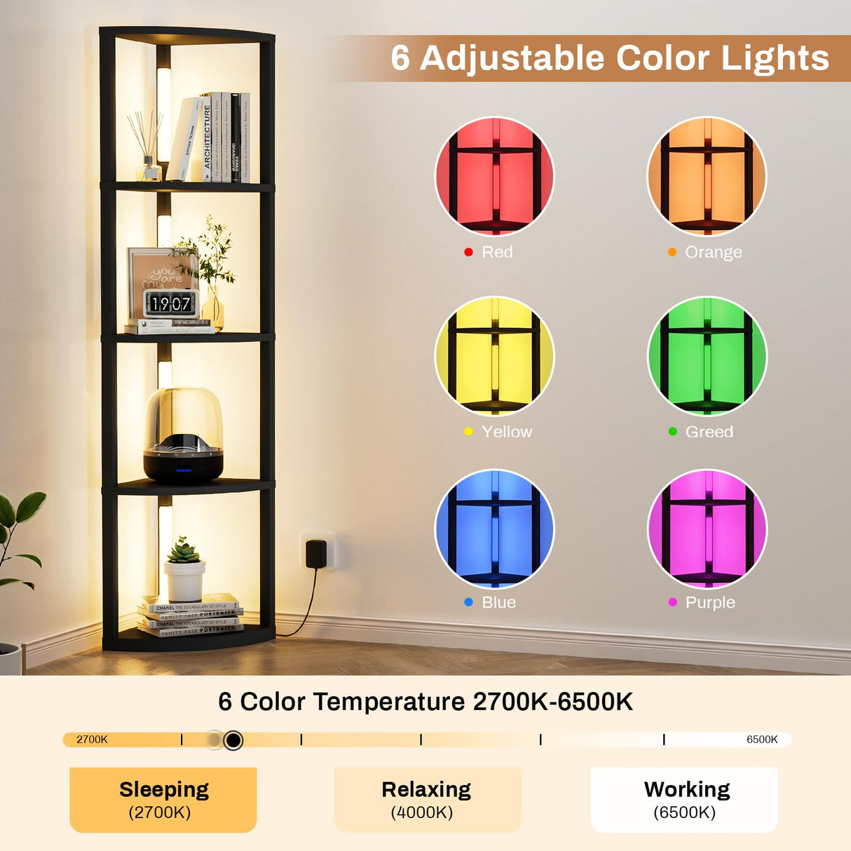 VILICK Corner Shelf with Light 5 Tier Tall Standing Shelf Dimmable Corner Floor Lamp with Shelves LED Corner Bookshelf Display Cabinet Shelf for Living Room, Bedroom, Home Decor VILICK