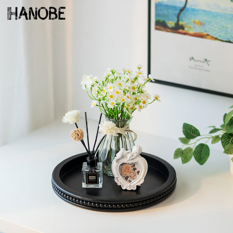 Hanobe Decorative Serving Tray Wood: Black Bead Round Tray for Coffee Table Rustic Wooden Trays Decor Farmhouse Kitchen Counter Circle Tray Vintage Centerpiece for Living Room Home Organizer Hanobe