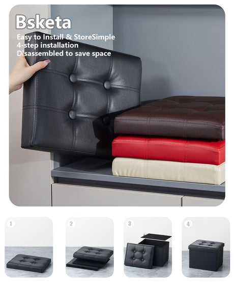 Bsketa Storage Ottoman, Folding Foot Stool with Thicker Foam Padded Seat Small Leather Storage Ottoman Bench Foot Rest for Living Room Foldable Coffee Table 17x13x13in,Black Bsketa