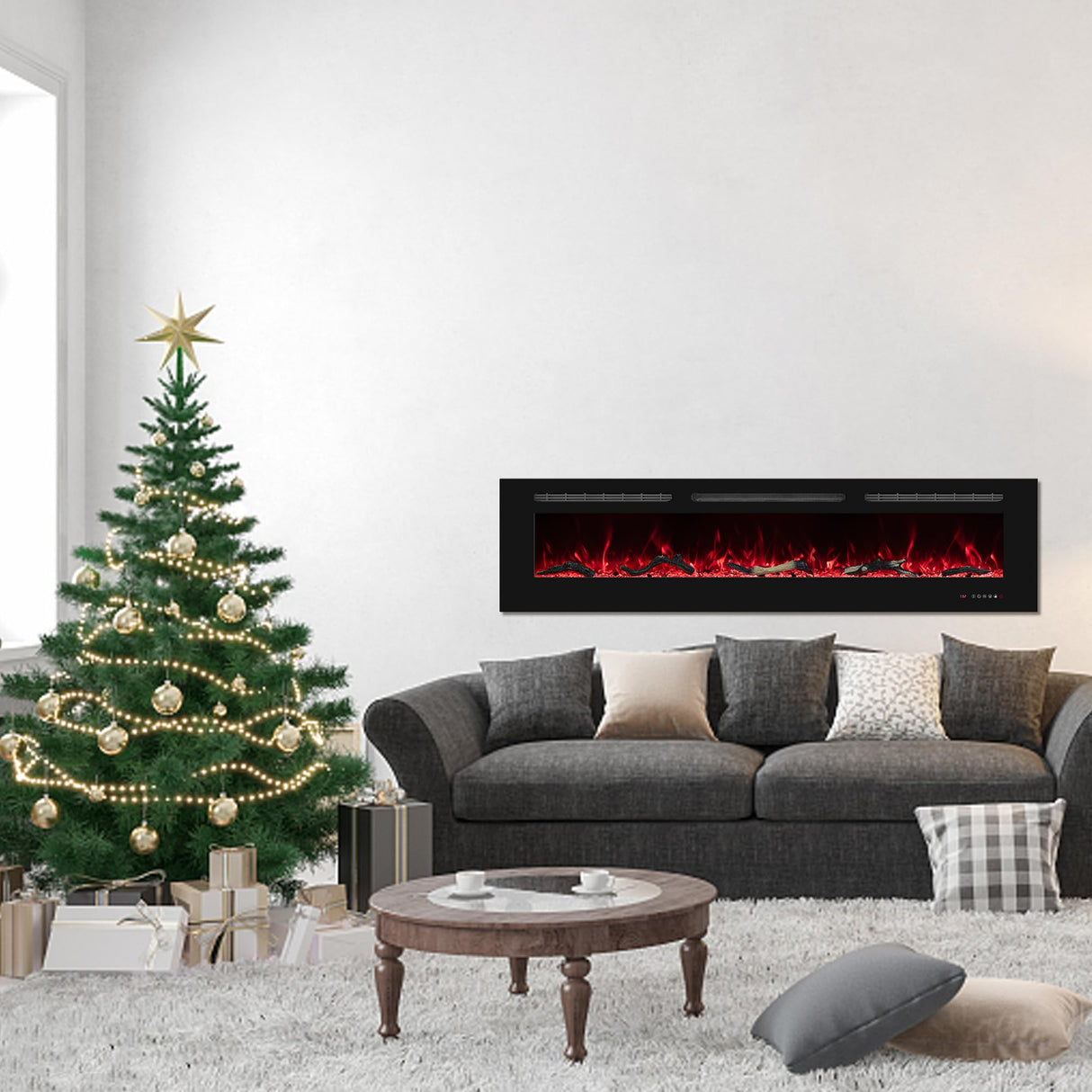 Oxhark Flame Electric Fireplace 60 inch Wide, Wall Mounted Fireplace Inserts Electric Heater, 13 * 13 Flame Effects Like Real Flame, Low Noise, Timer & Thermostat Setting, 750W/1500W, Black Oxhark Flame