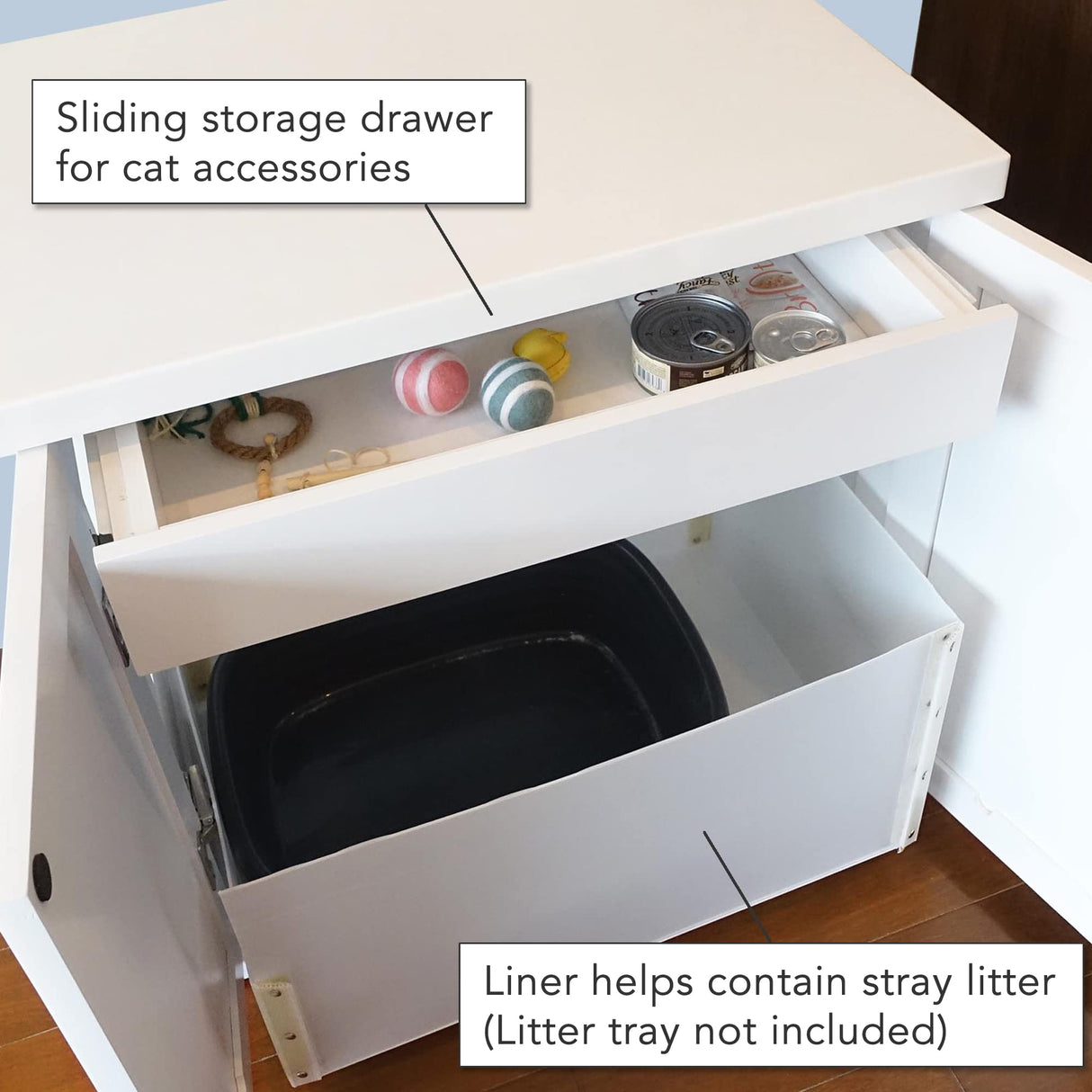 The Refined Feline Cat Litter Box Enclosure Cabinet, Modern, White, Tapered Feet, XLarge, Hidden Litter Cat Furniture with Drawer THE REFINED FELINE