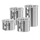 Oggi Set of 4 Stainless Steel Kitchen Canisters - Airtight Clamp Lid, Clear See-Thru Top - Ideal for Kitchen Storage, Food Storage, Pantry Storage - Includes 1 each: 26oz, 36oz, 47oz, 62oz. Oggi