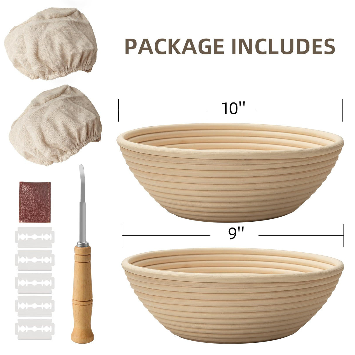 Bread Proofing Basket, Kikcoin Banneton Bread Proofing Basket Set of 2, 9 Inch & 10 Inch Round Sourdough Proofing Basket with Linen Liner, Bread Lame Kikcoin