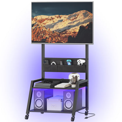 YATINEY Rolling TV Stand with Power Outlet, Mobile TV Stand with LED Light Up to 55" TVs, TV Cart with Mount, 5 Oxford Fabric Pouches, for Living Room, Meeting Room, Black DS01UDBB