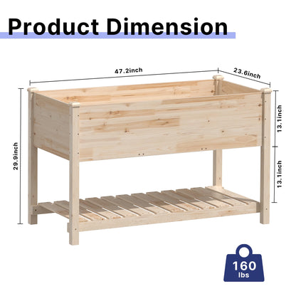 Gotland 47.2" D x 23.6" W x 29.9" H Wooden Raised Garden Bed with Legs, with Bed Liner and Bottom Shelf for Flowers, Veggies, Herbs, Great for Outdoor Patio, Deck, Balcony, Backyard - Natural