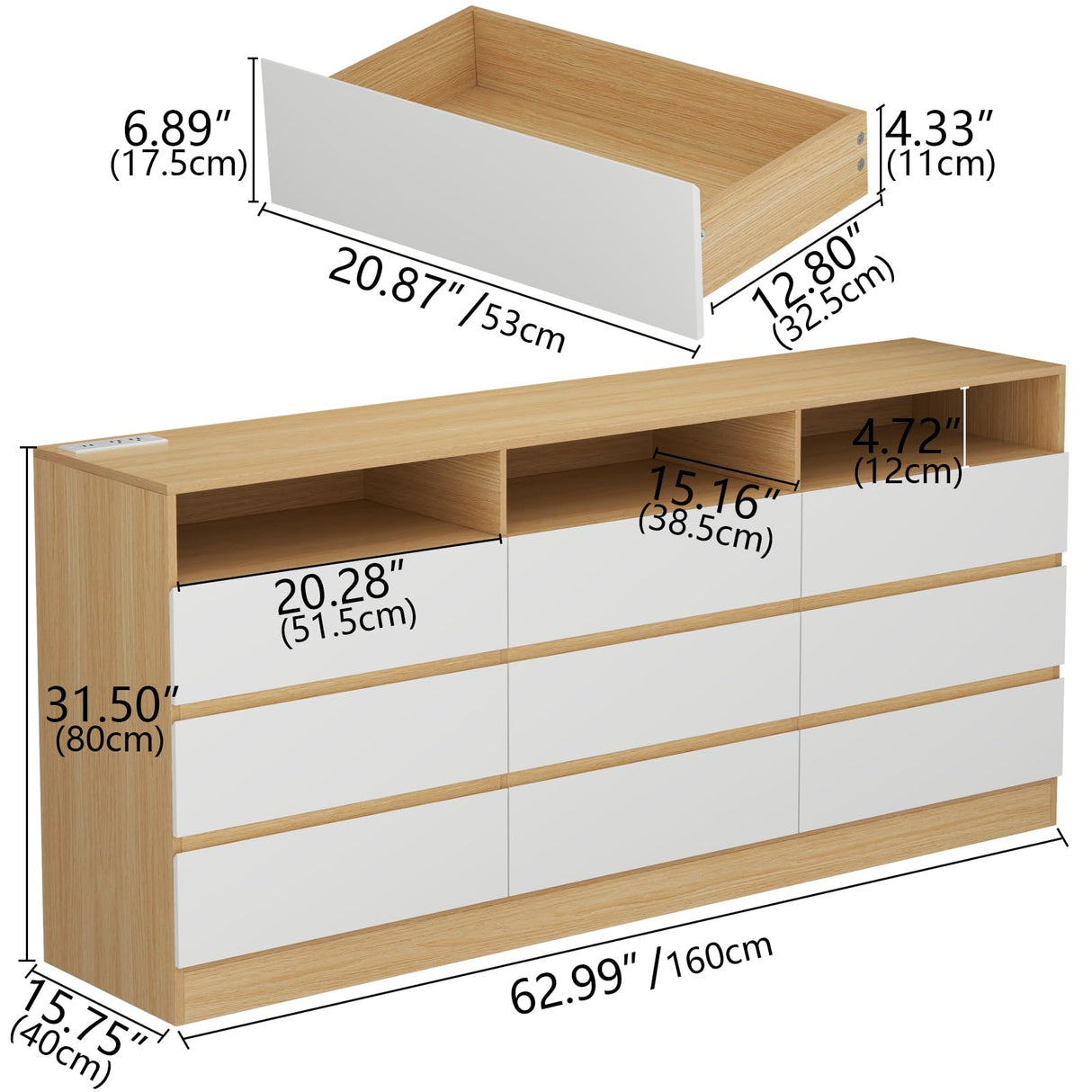 Loomie 9 Drawers Dresser, 63'' White Chests of Drawers with Power Outlet, Accent Large Double Dresser with LED Light, Modern Storage Dresser for Bedroom, Living Room (White&Light Walnut) Loomie