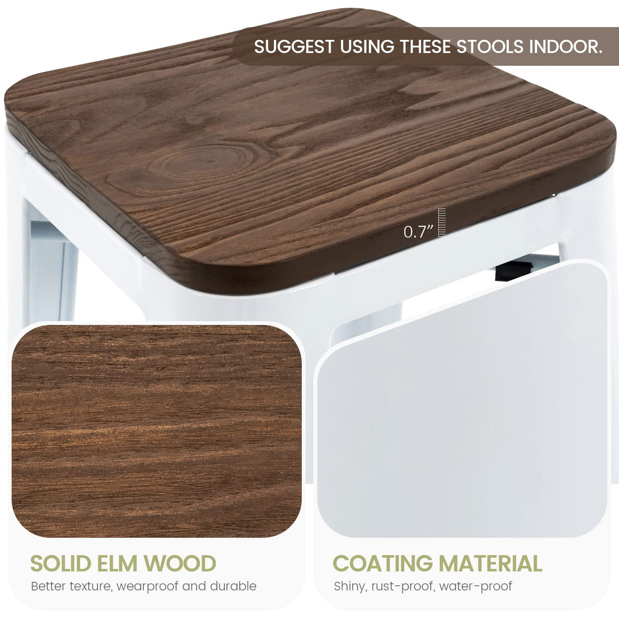 Brage Living 30 Inch Metal Bar Stools with Square Solid Elm Wood Seat Top, Backless Stackable Industrial Barstools Set of 2 (White) Brage Living