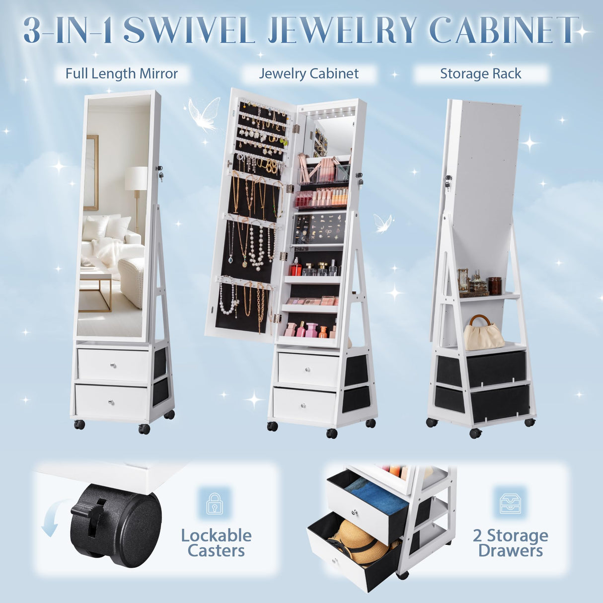 Furmax 360° Swivel Mirror Jewelry Cabinet with Lights, Full Length Mirror Jewelry Armoire Organizer, Standing Lockable Jewelry Storage Cabinet with 2 Drawers (White) Furmax