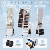 Furmax 360° Swivel Mirror Jewelry Cabinet with Lights, Full Length Mirror Jewelry Armoire Organizer, Standing Lockable Jewelry Storage Cabinet with 2 Drawers (White) Furmax