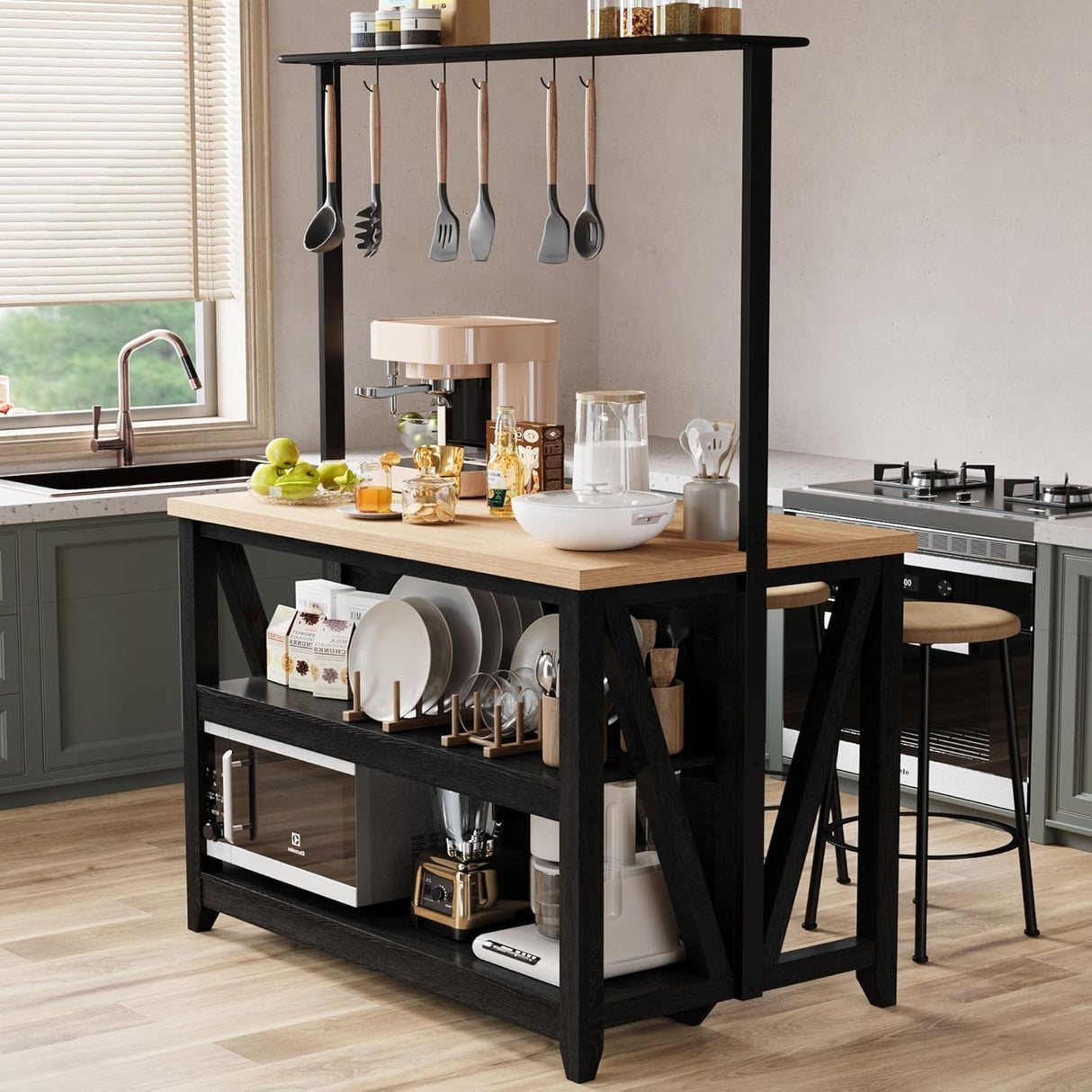 Wooden Kitchen Island with Power Outlet & LED Lights - Bakers Rack with Storage, Large Kitchen Island Table with 3 Tier Microwave Stand Oven Shelf, Coffee Bar Table with 6 Hooks LALFPET