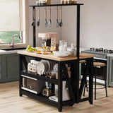 Wooden Kitchen Island with Power Outlet & LED Lights - Bakers Rack with Storage, Large Kitchen Island Table with 3 Tier Microwave Stand Oven Shelf, Coffee Bar Table with 6 Hooks LALFPET
