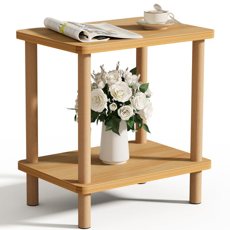 2 Tier End Table Low Table with Solid Wood Legs, Small Coffee Table Side Table, Boho Bedside Table with Storage Shelf, Nightstand for Small Spaces, Bedroom, Living Room, Entryway, Farmhouse, Natural FURMORENE