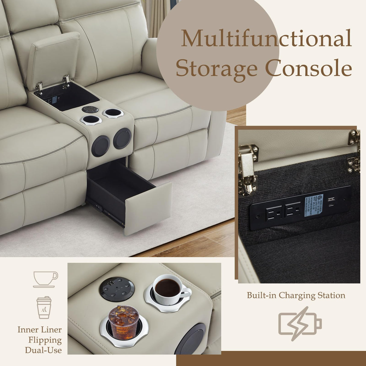 Neptane Power Reclining Sofa Set with LED Reading Light/Storage Drawer, Power Loveseat Recliner Sofa, Reclining Loveseat with Bluetooth Speakers/Outlets/Breathing Leather (Grey, Sofa+Loveseat) Neptane