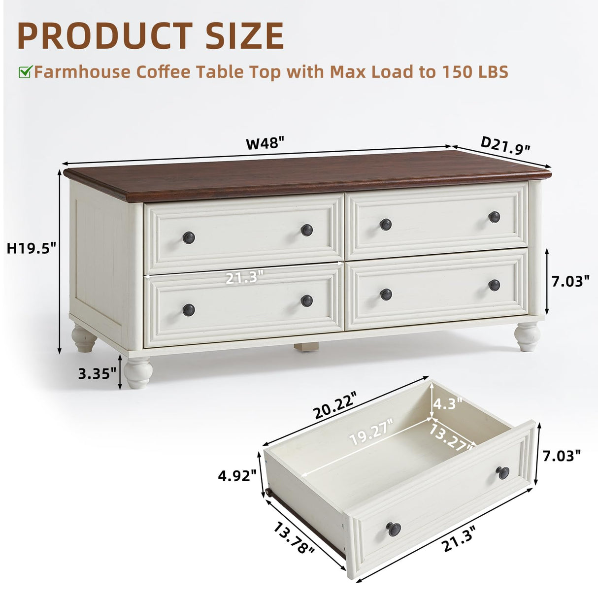 RWYHG 48" Farmhouse Coffee Table with Hidden Storage,Wooden Coffee Tables with 4 Drawers & Roman Column Handle,Rectangular Rustic Center Table with Solid Wood Curved Base for Living Room,Office,White RWYHG