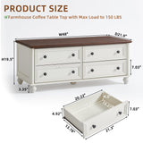 RWYHG 48" Farmhouse Coffee Table with Hidden Storage,Wooden Coffee Tables with 4 Drawers & Roman Column Handle,Rectangular Rustic Center Table with Solid Wood Curved Base for Living Room,Office,White RWYHG