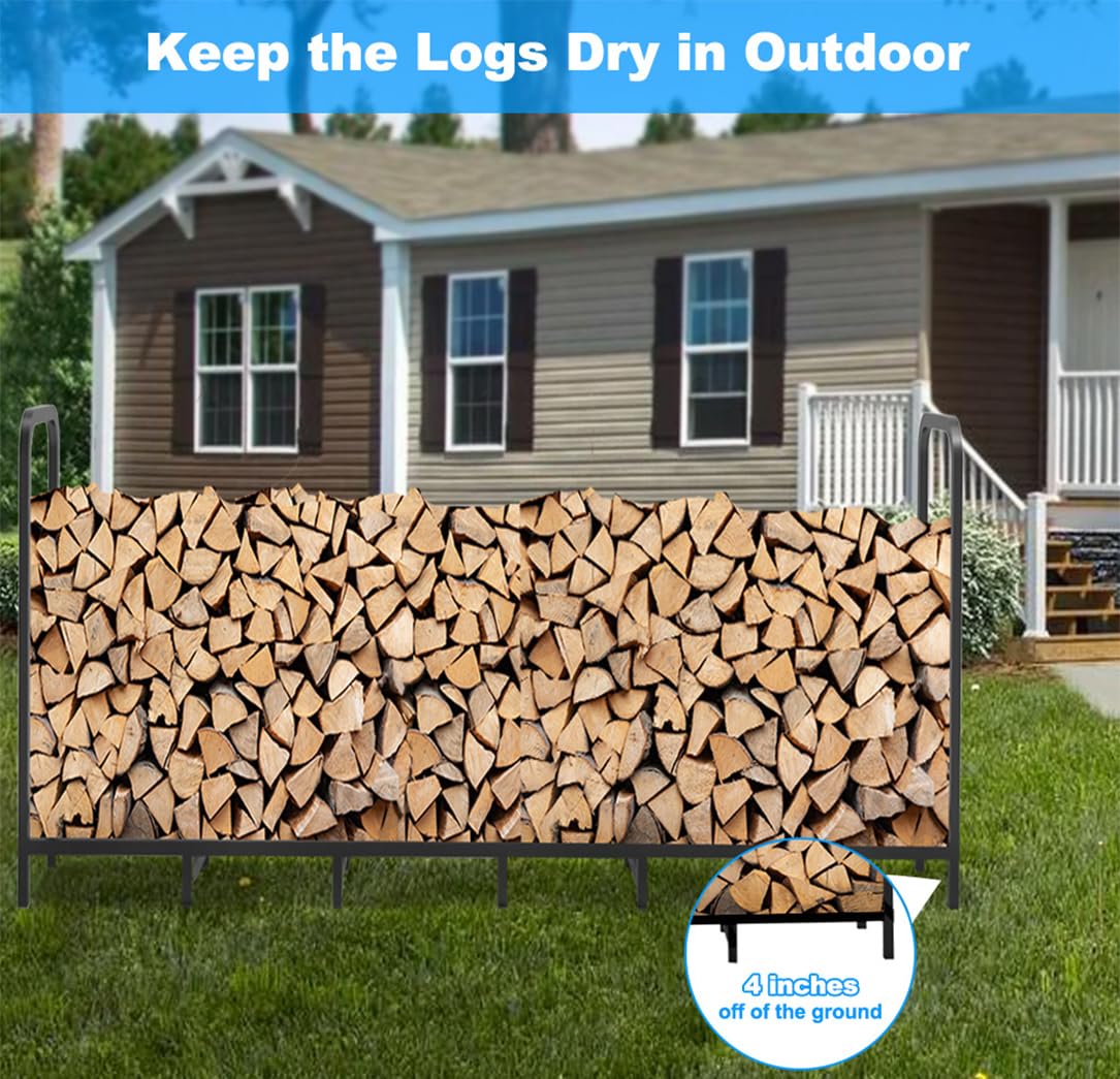Tikimilor 8ft Firewood Rack Holder, Adjustable Heavy Duty Fire Log Stacker Stand for Fireplace，Outdoor Indoor Metal Wood Pile Storage Organizer, Patio Logs Stand tool, Black Tikimilor