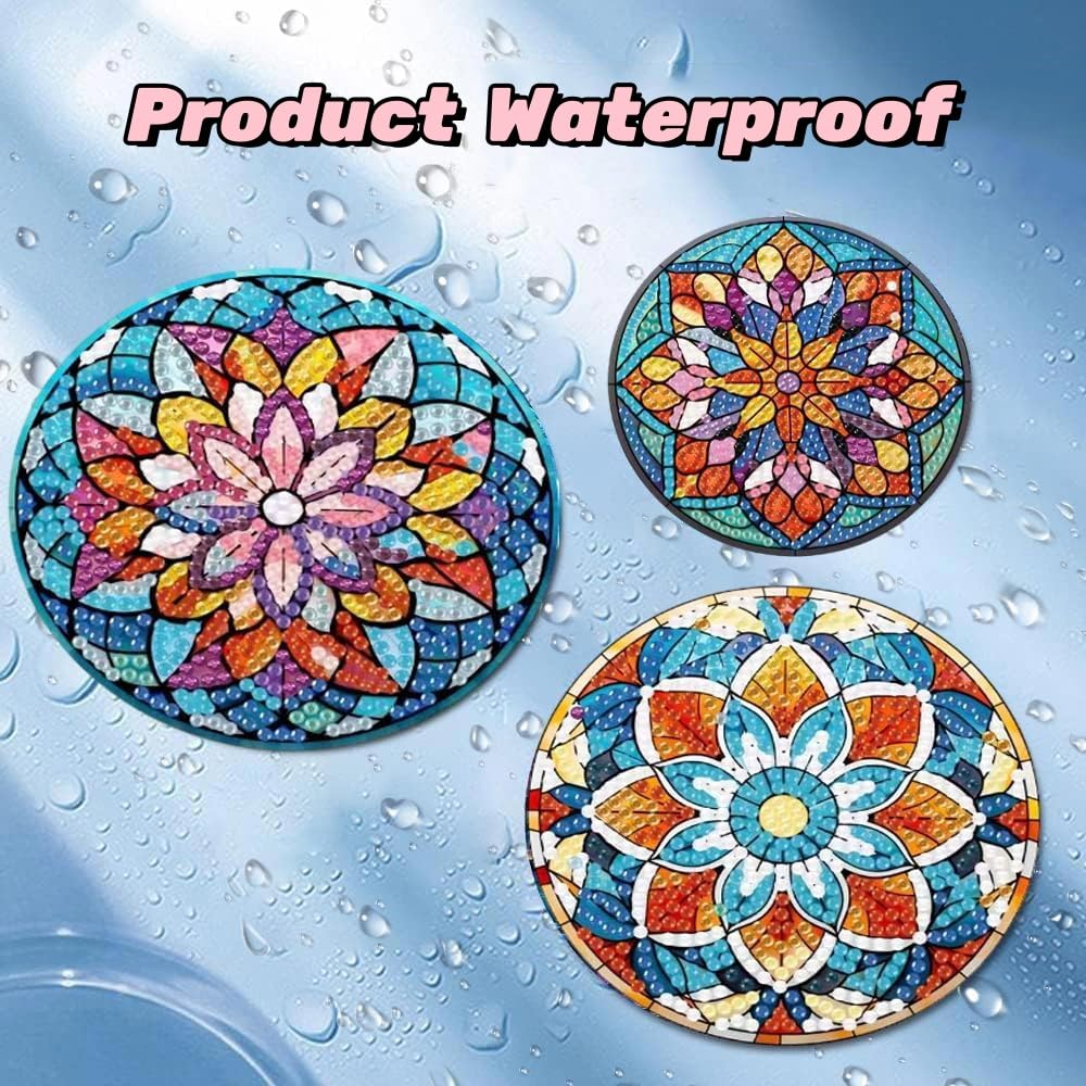 Puraikcmi 6pcs DIY Mandala Diamond Art Painting Kits Coasters with Holder, Diamond Art Coasters Adults Beginners, Flower Diamond Art Crafts Supplies Puraikcmi