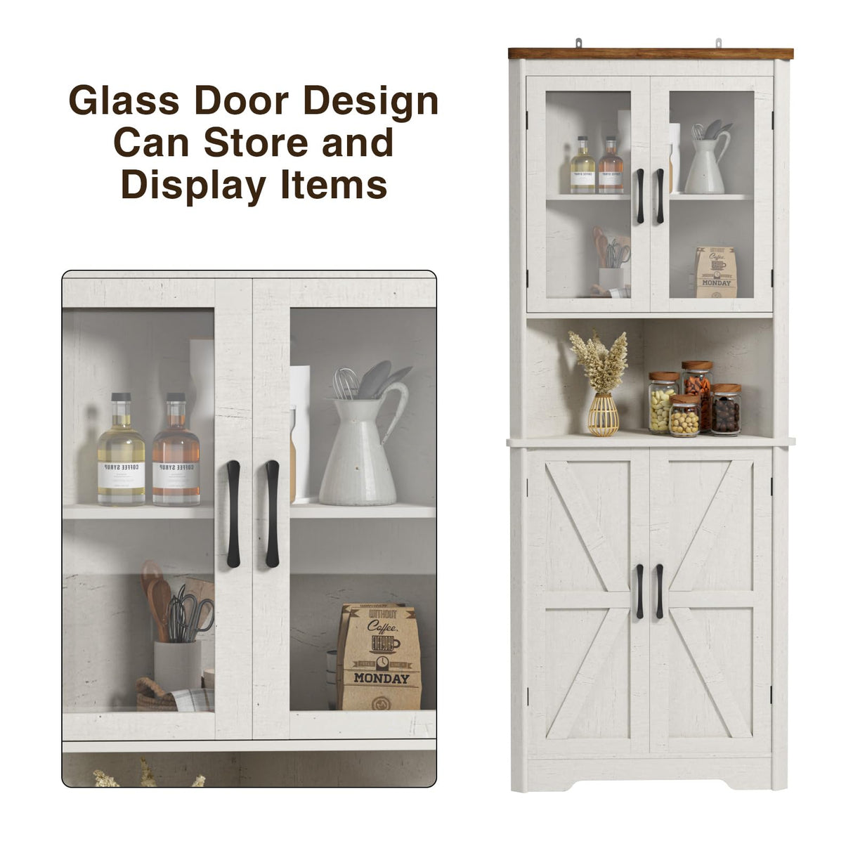 67''H Tall Corner Cabinet with 4 Tempered Glass Doors and Barn Doors, Farmhouse Storage Cabinet with 5 Adjustable Shelves, Home Pantry Hutch for Kitchen, Dining Living Room, Bathroom, Antique White FiveWillowise