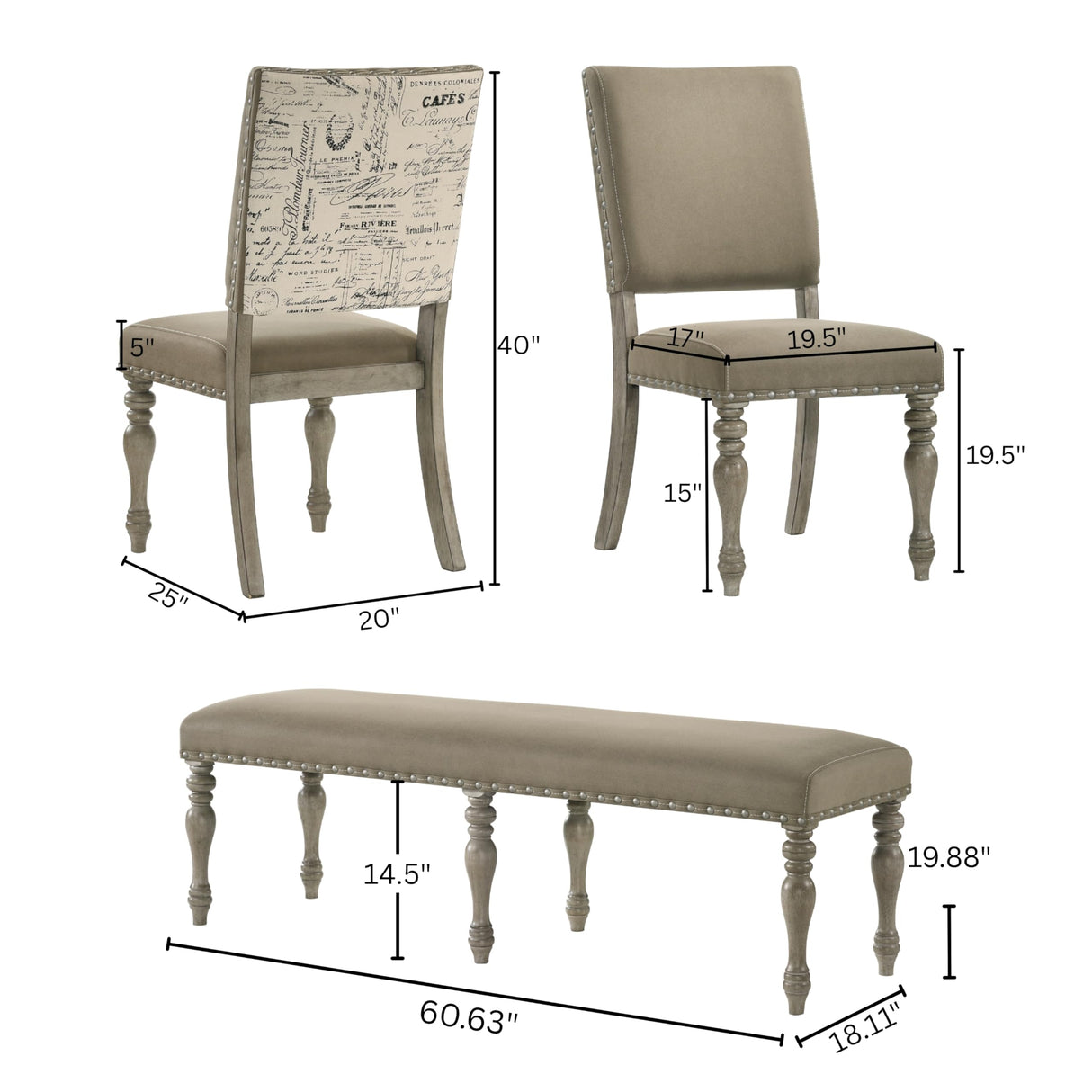 Roundhill Furniture Birmingham 8-Piece Dining Set: Extendable Table with 4 Side Chairs, 2 Armchairs, and a Nailhead Bench, Driftwood Finish Roundhill Furniture