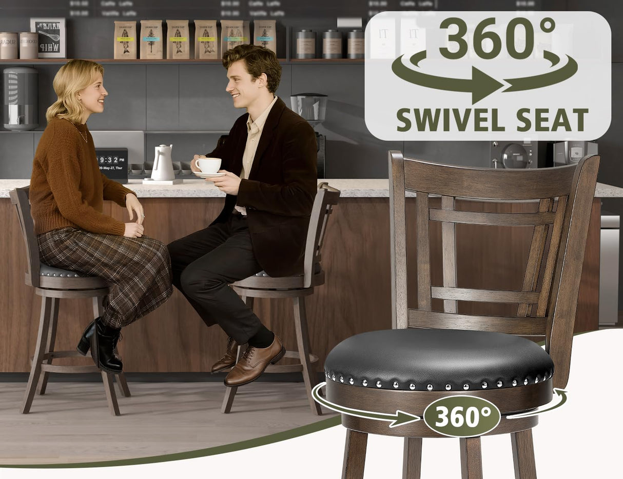 PrimeZone Swivel Bar Stools Set of 4-26" Counter Height Barstools with Backs, Faux Leather Bar Stool with Solid Wood Footrest & Nailhead Trim, Modern Counter Stools for Kitchen Island & Pub, Black PrimeZone