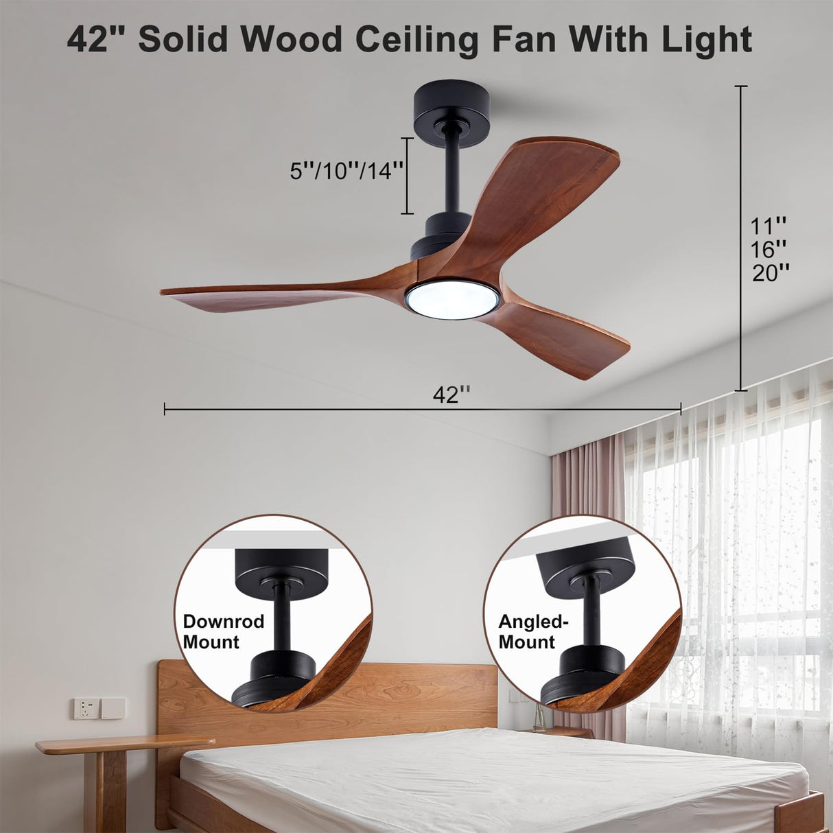 QUTWOB 42" Wood Ceiling Fan with Lights Remote Control,Quiet DC Motor 3 Blade Ceiling Fans for Patio Living Room, Bedroom, Office,Indoor Outdoor(Black+Dark Walnut) QUTWOB