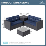MFSTUDIO 4 Piece Wicker Patio Furniture Set, L Shaped Small Rattan Patio Sectional Sofa Couch Outdoor Conversation Sets with Navy Blue Cushions, Storage Box, Glass Coffee Table for Garden, Backyard MFSTUDIO