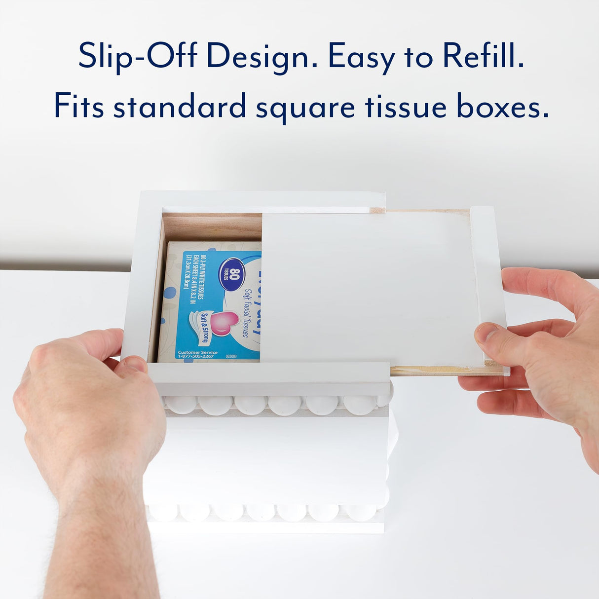 AuldHome Beaded Square Tissue Box Cover (White); Rustic Farmhouse Wood Tissue Holder AuldHome Design