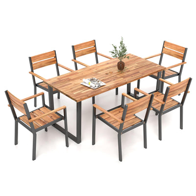HAPPYGRILL 7 Pieces Acacia Wood Patio Dining Set with Metal Frame, Space-Saving Outdoor Furniture Set with 6 Stackable Armchairs and 69” Rectangular Table with 2” Umbrella Hole for Garden, Deck, Yard