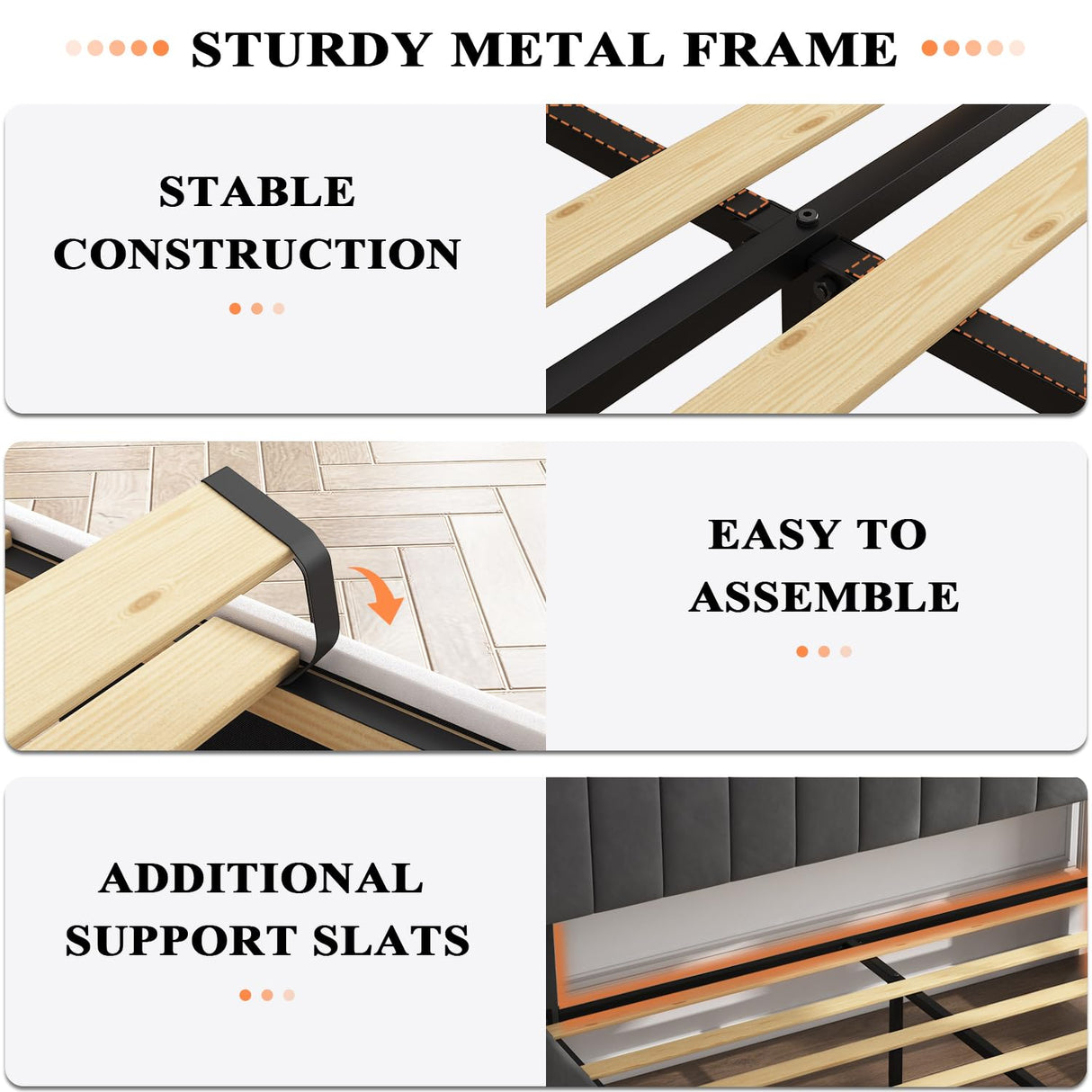 TIGUBFRE Dark Grey Full Size Upholstered Bed Frame with LED Lighting, Storage Headboard & Drawers TIGUBFRE