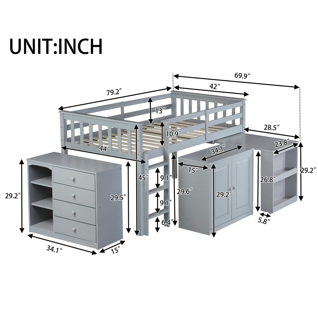 Low Loft Bed with Storage & Rolling Out Desk, Kids Twin Size Loft Beds with Cabinet & Drawers, Rubber Wood Junior Lofts Bed with Dresser/Ladder/Guardrails for Boys Girls Teens, Gray Duxelifin
