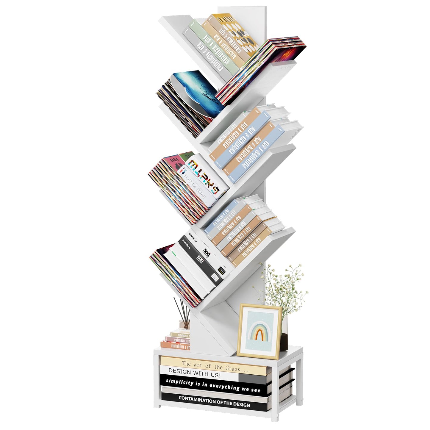 EasyCom Tree Bookshelf Metal Base, 7 Tier Bookcase Storage, Floor Standing Bookshelf Organizer for CDs/Books, Bookshelves for Bedroom/Living Room/Home Office, White